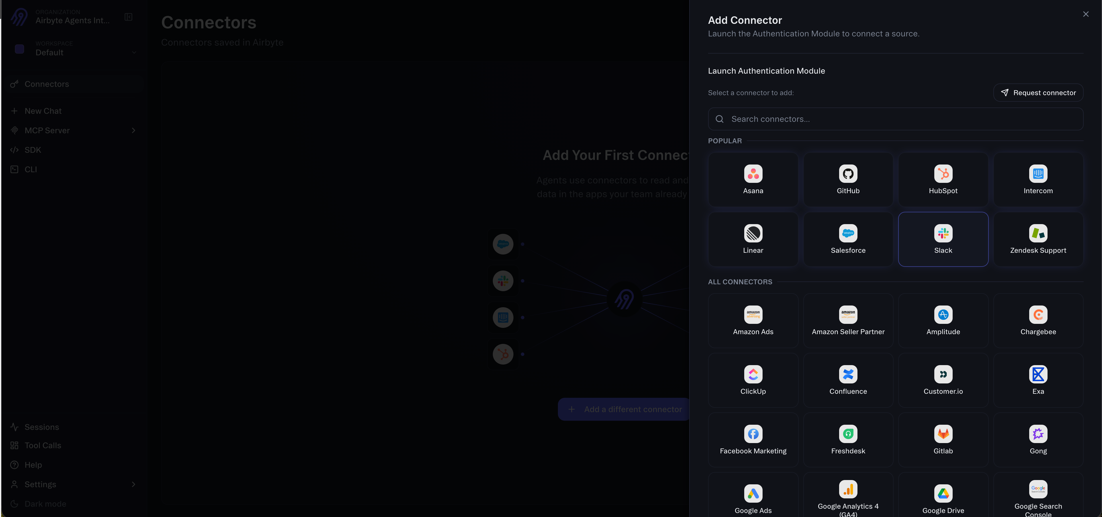 The Add Connector panel showing Slack highlighted in the Popular connectors section.