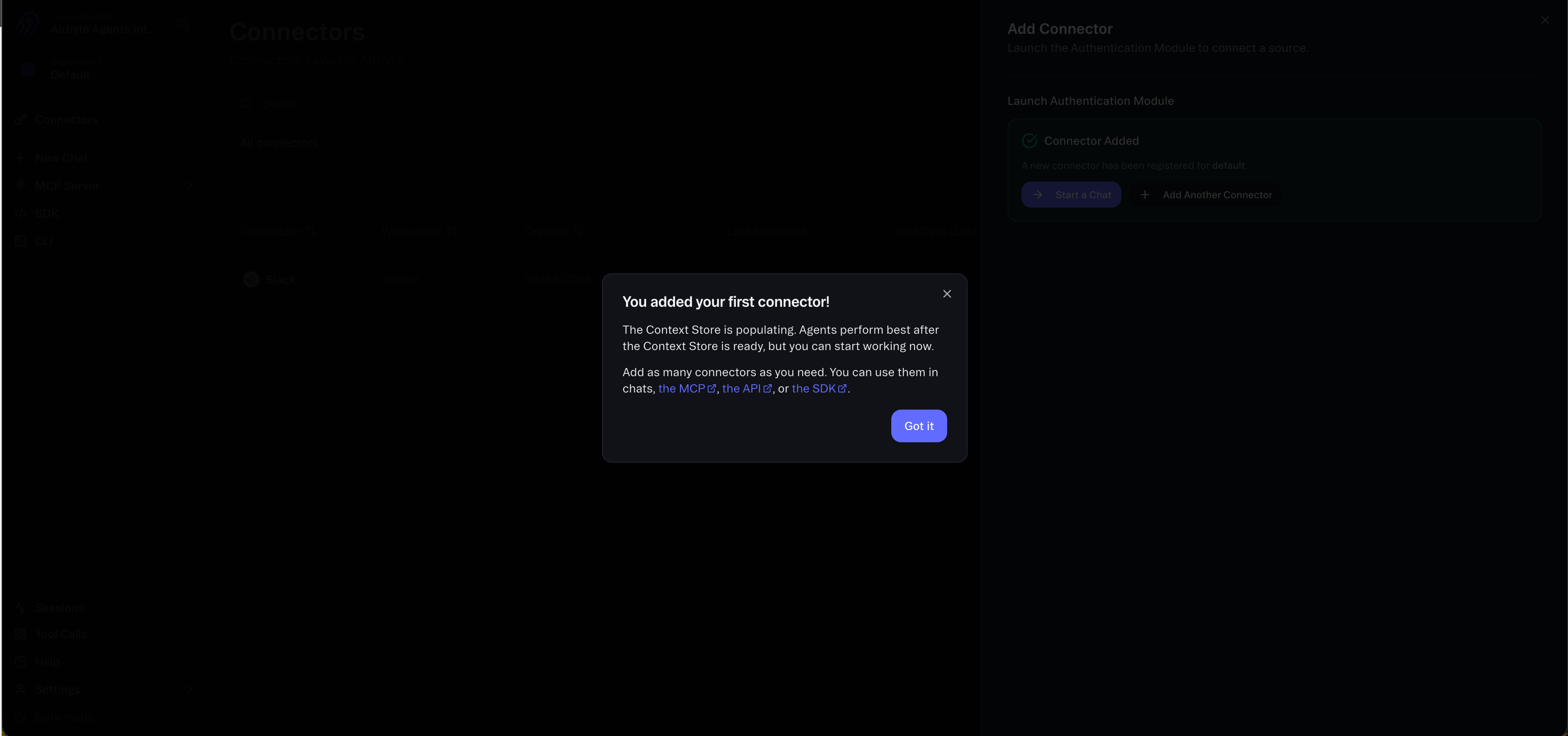 Success dialog confirming the Slack connector was added, with options to start a chat or add another connector.