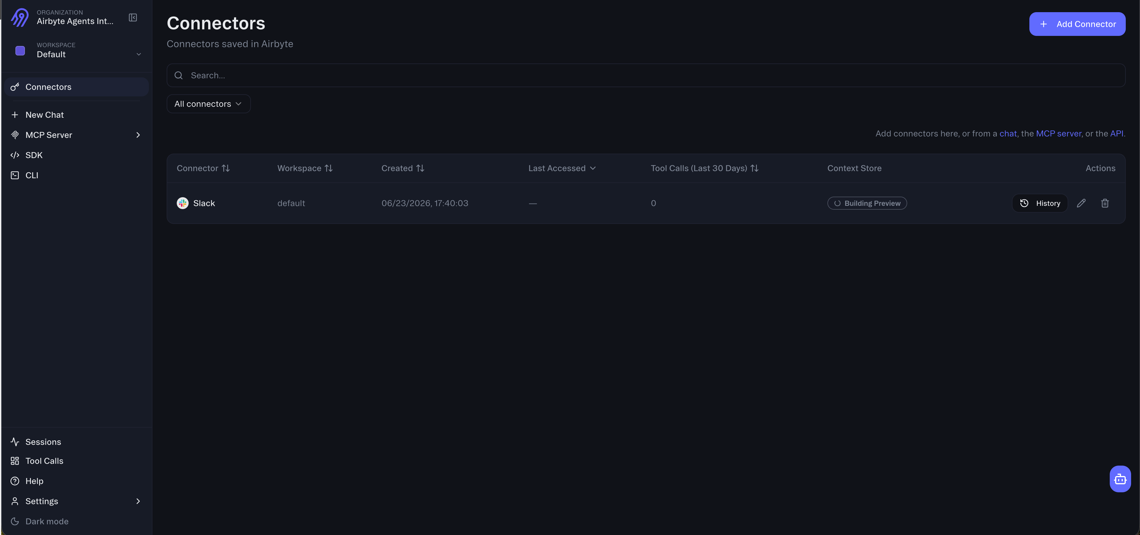 The Connectors list showing the Slack connector with Context Store building in progress.