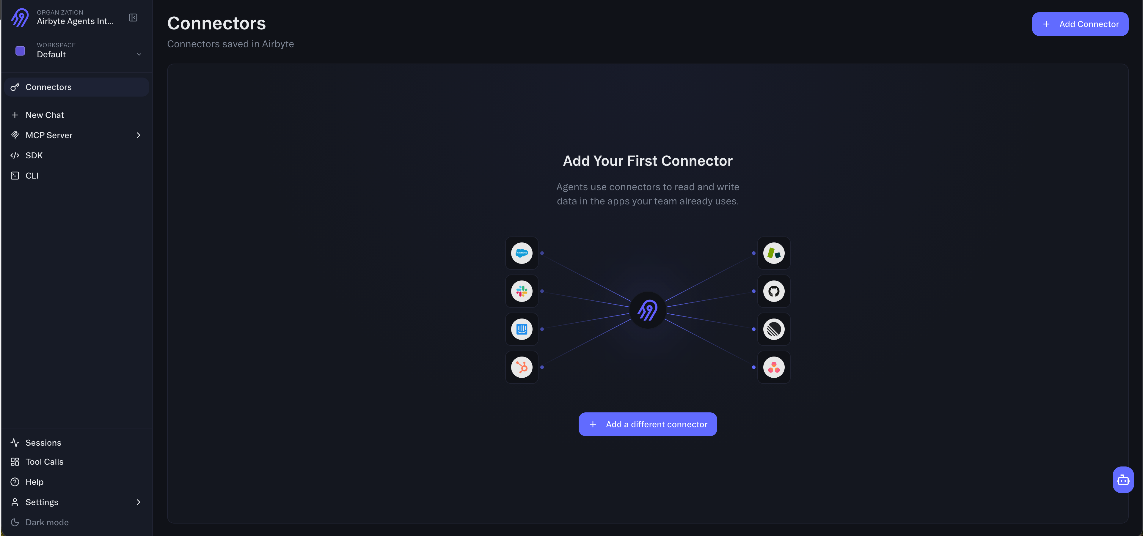 The Connectors page in Airbyte Agents, showing the option to add your first connector.