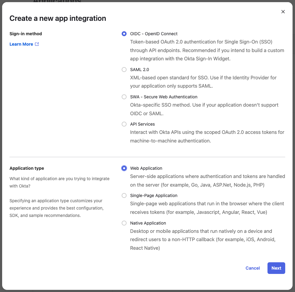 Screenshot of Okta app integration creation modal