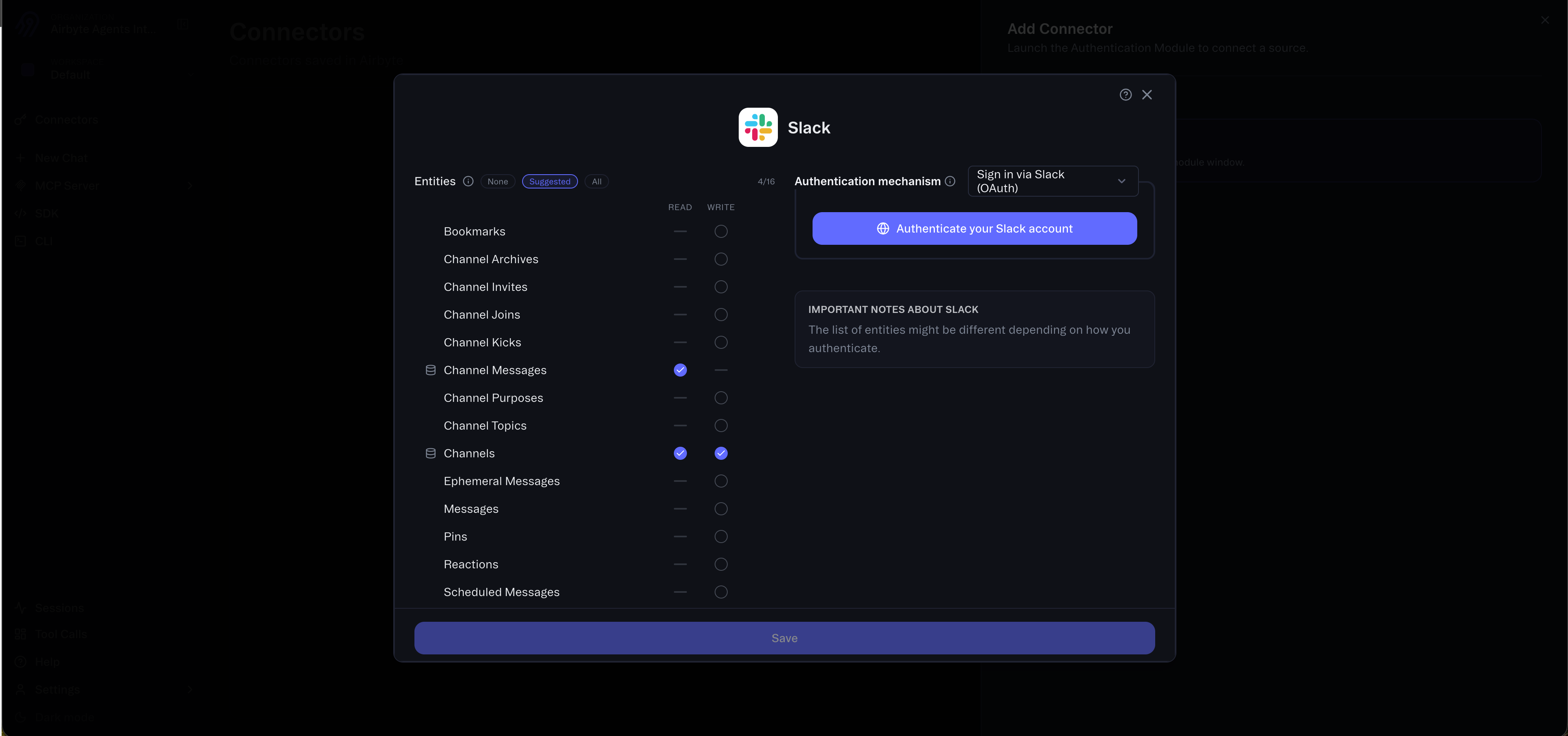 The Slack connector configuration modal showing entity selection and the Authenticate your Slack account button.