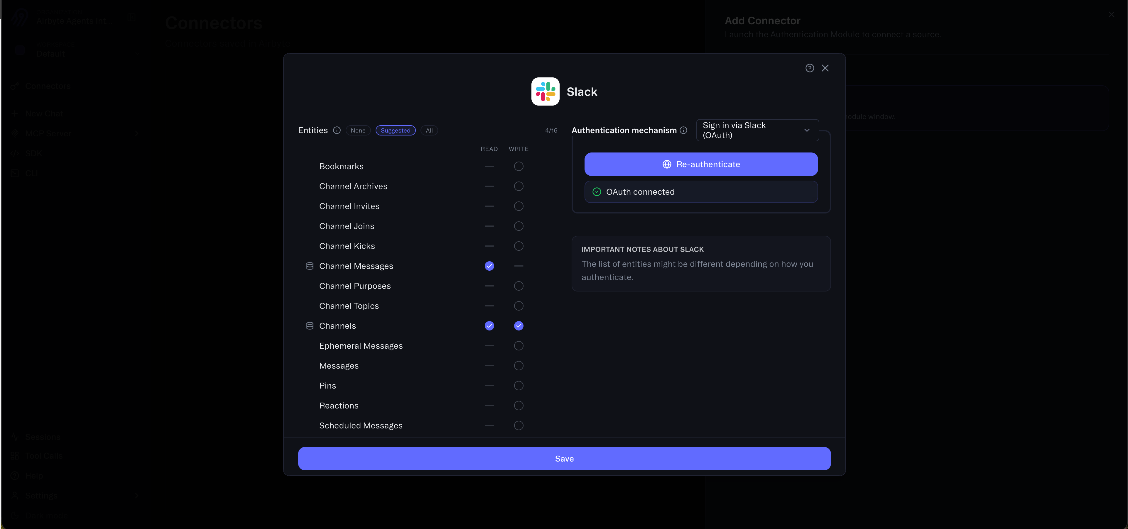 The Slack connector modal after successful OAuth authentication, showing "OAuth connected" status.