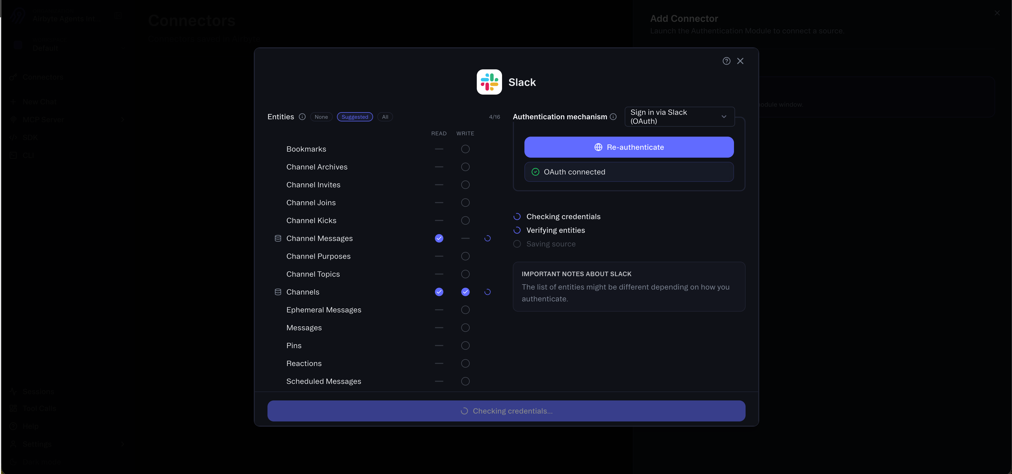 The Slack connector verifying credentials and entities after saving.